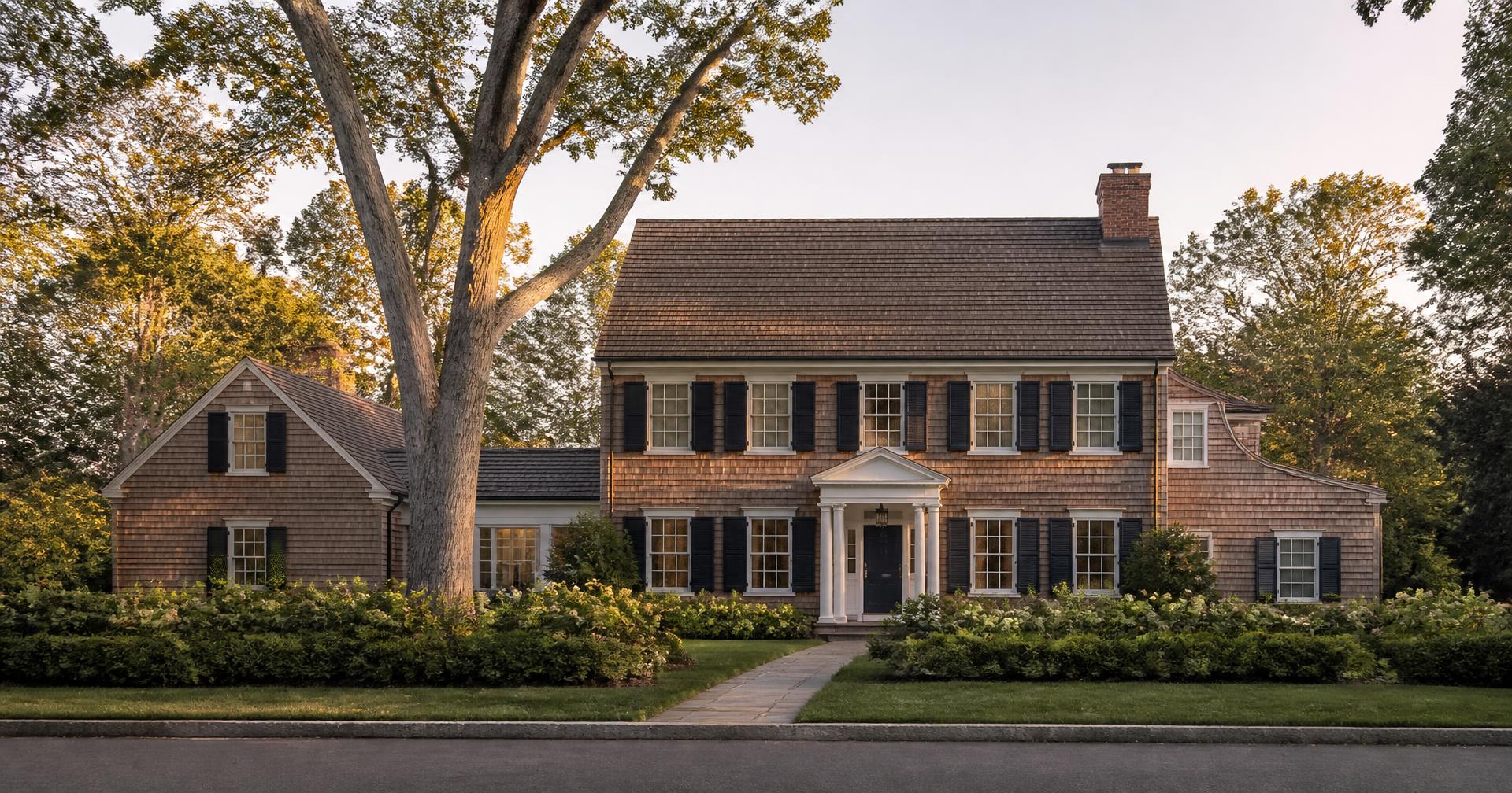 Shingled Long Island colonial home in early evening light