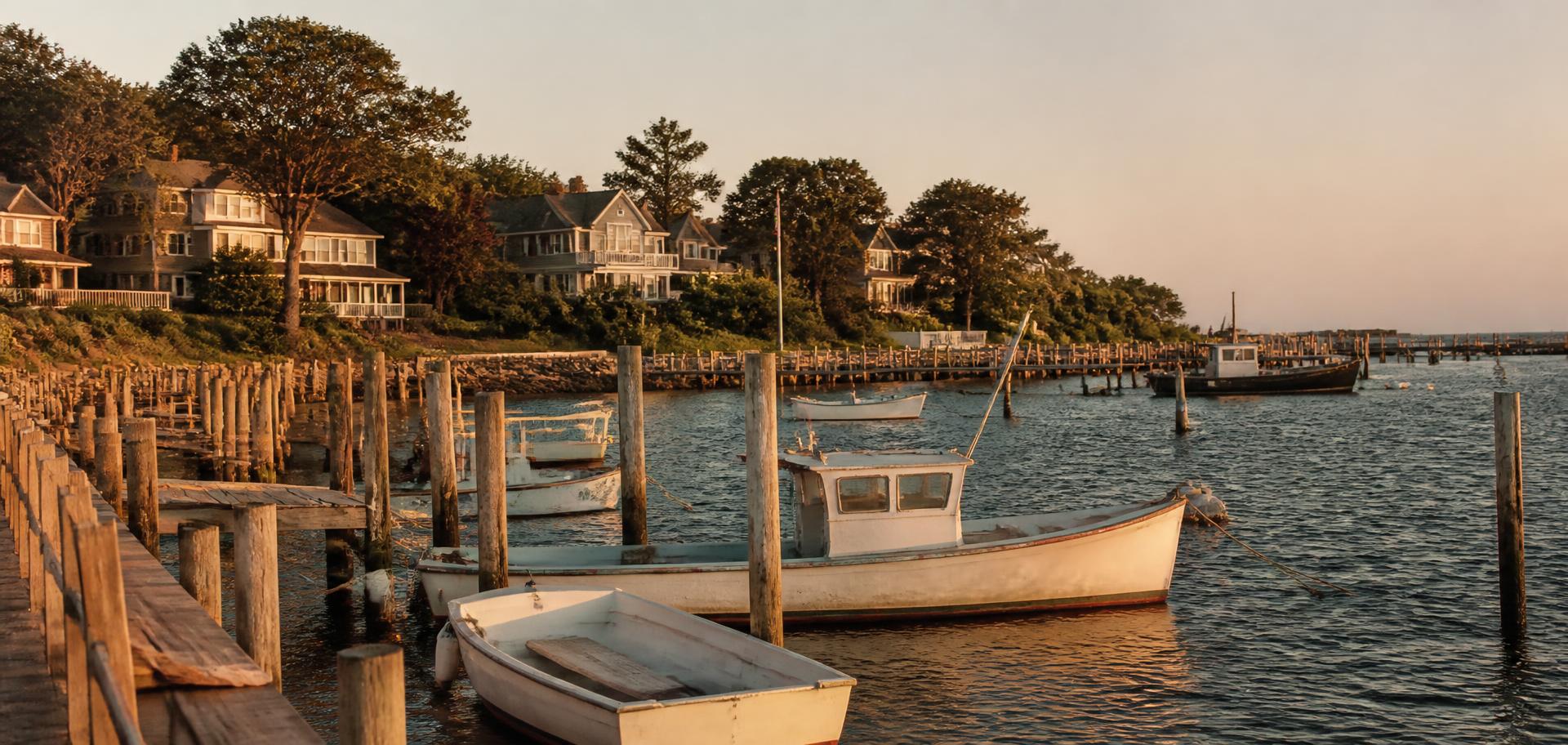 Boats moored at a North Shore harbor on Long Island at golden hour